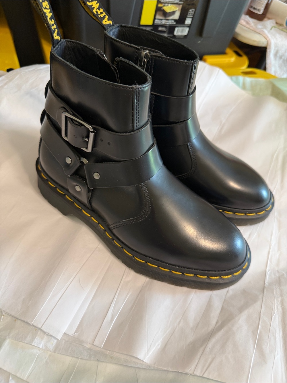 Dr -MartinsBlack Leather Buckle Ankle Boots with Yellow Stitching - Women Shoes